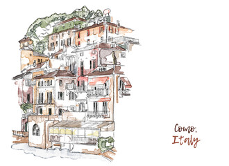 Watercolor Vector ink Sketch of Como city, Lombardy, Northern Italy. Lake Como, Lario view. Italian Sightseeing. travelling in Italy. Simple urban sketch for postcards, logos or banners - 473570103