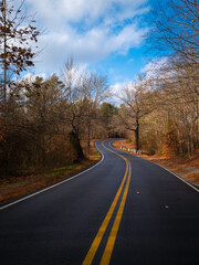 Empty curved road in the forest with the view of bare trees, cloudy blue sky, and clear dividing lines on the asphalt.