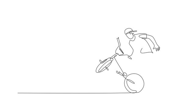 Animation of one line drawing of bmx bicycle rider performing freestyle trick on street. Extreme sport concept. Continuous line self draw animated for freestyle competition banner. Full length motion.