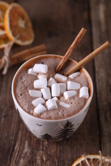 Cocoa with marshmallows, cinnamon and dried oranges