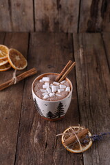 Cocoa with marshmallows, cinnamon and dried oranges