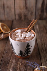 Cocoa with marshmallows, cinnamon and dried oranges