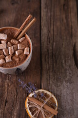 Cocoa with marshmallows, cinnamon and dried oranges