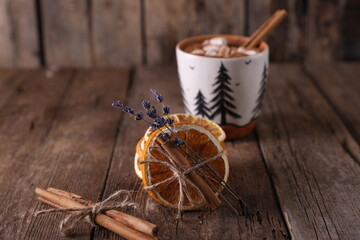 Cocoa with marshmallows, cinnamon and dried oranges