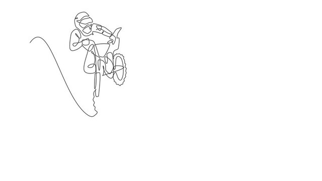 Animated self drawing of one continuous line draw young motocross rider jumping fly acrobatic at race track. Extreme sport concept. Full length single line animation for motocross competition poster.