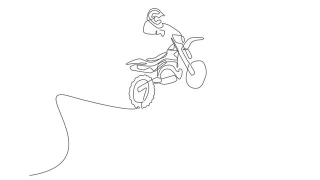 Animation of one line drawing of young motocross rider flying freestyle at race track. Extreme sport concept. Continuous line self draw animated for motocross race event banner. Full length motion.