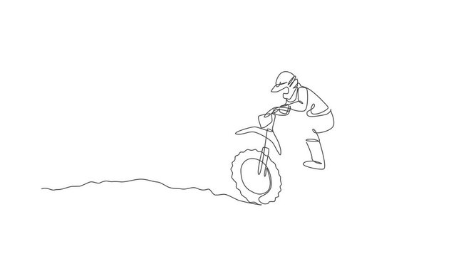 Animation of one line drawing of motocross rider conquer track obstacles at race track. Extreme sport concept. Continuous line self draw animated for motocross race event banner. Full length motion.