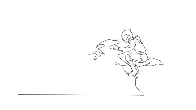 Animation of one line drawing of moto racer jumping his motorcycle to celebrate winning. Superbike racing concept. Continuous line self draw animated for motor racer event banner. Full length motion.