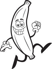 Black and white illustration of a smiling banana running.