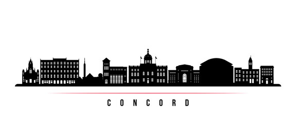 Concord skyline horizontal banner. Black and white silhouette of Concord, New Hampshire. Vector template for your design.