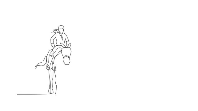 Animation of one single line drawing of young horse rider woman performing dressage test illustration. Equestrian sport show competition concept. Continuous line self draw animated. Full length motion