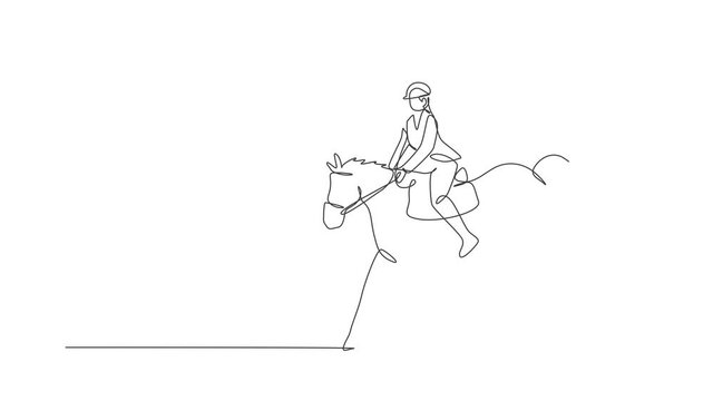 Animation of one single line drawing of young horse rider man performing dressage jumping test. Equestrian sport show competition concept. Continuous line self draw animated. Full length motion.