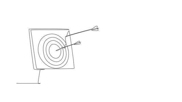 Animated self drawing of one continuous line draw arrows was shoot to an archery target board. Archery sport training and exercising concept. Full length single line animation illustration.