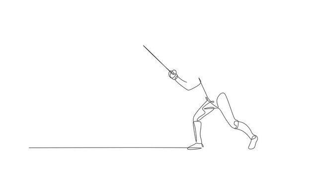 Animated self drawing of continuous line draw young woman fencing athlete practice fighting on professional sport arena. Fencing costume and holding sword concept. Full length single line animation.