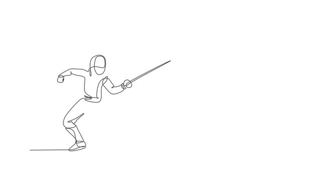 Animated self drawing of single continuous line draw young professional fencer athlete woman in fencing mask and rapier. Competitive fighting sport competition concept. Full length one line animation.