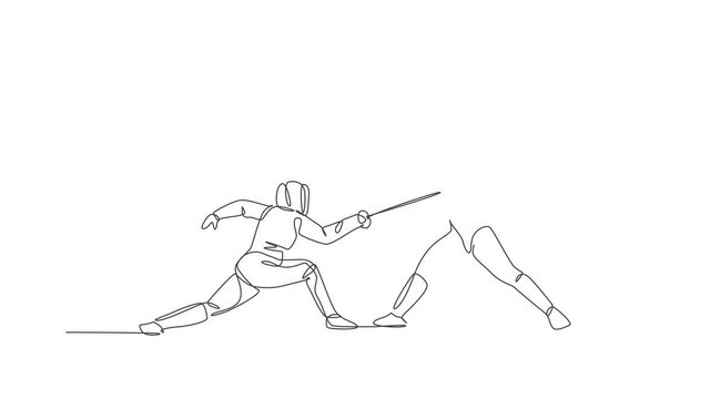 Animation of one line drawing of two men fencer athlete in fencing costume exercise motion on sport arena. Combative and fighting sport concept. Continuous line self draw animated. Full length motion.