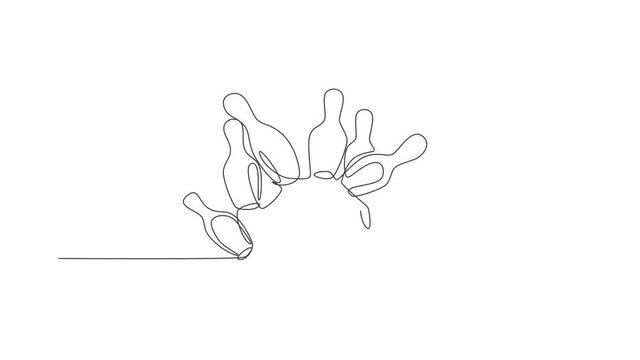 Animated self drawing of one continuous line draw lined up bowling pins falling apart hit by ball at bowling lane. Healthy sport and lifestyle activity concept. Full length single line animation.
