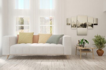 White living room with sofa. Scandinavian interior design. 3D illustration