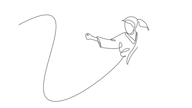 Animated self drawing of one continuous line draw young talented karateka girl train pose for duel fighting at dojo gym center. Mastering martial art sport concept. Full length single line animation.