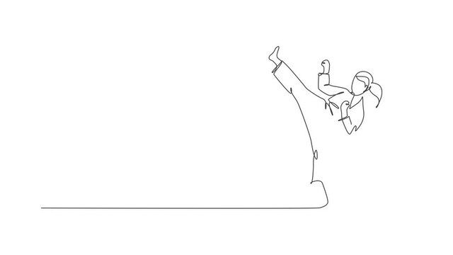 Animated self drawing of single continuous line draw young confident karateka girl in kimono practicing karate combat at dojo. Martial art sport training concept. Full length one line animation.