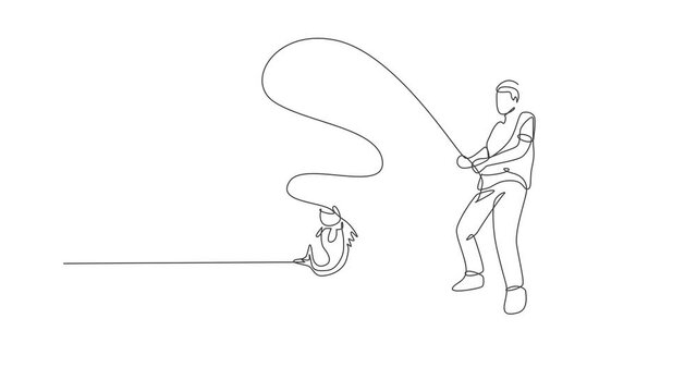Animated self drawing of one continuous line draw young happy fisherman standing and fishing on the sea from ferry boat. Fishing leisure hobby vacation concept. Full length single line animation.