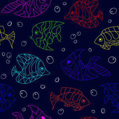 Seamless pattern of fantasy colorful psychedelic, creative doddle fish. Zen art creative design collection on blue background. Vector illustration.