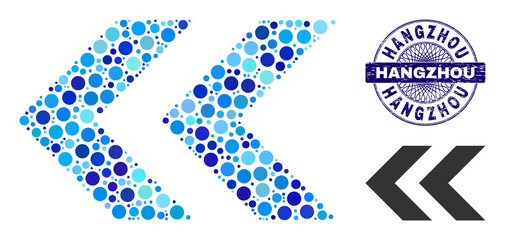 Rounded dot mosaic shift left icon and HANGZHOU round unclean stamp seal. Blue stamp seal includes HANGZHOU tag inside circle and guilloche structure. Vector mosaic is based on shift left icon,