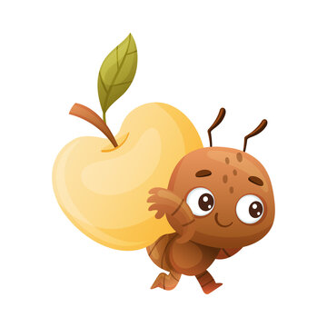 Cute brown little ant carrying apple. Funny insect cartoon character vector illustration
