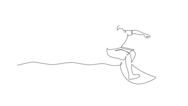 Animated self drawing of single continuous line draw young professional surfer in action riding the waves on blue ocean. Extreme watersport concept. Summer vacation. Full length one line animation.