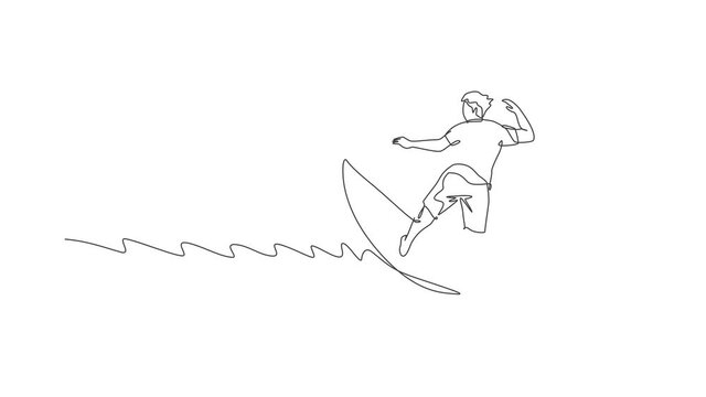 Animation of one line drawing of young sporty surfer man riding on big waves in surfing beach paradise. Extreme water sport lifestyle concept. Continuous line self draw animated. Full length motion.