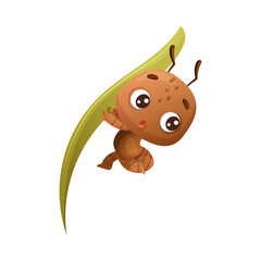 Cute brown little ant hanging on blade of grass. Funny insect cartoon character vector illustration