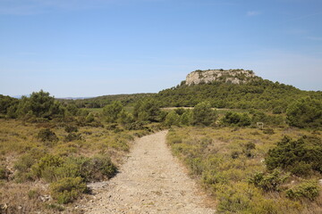 A panoramic view over French national park Massif de la Clape. Photo was taken on a sunny and very hot day.