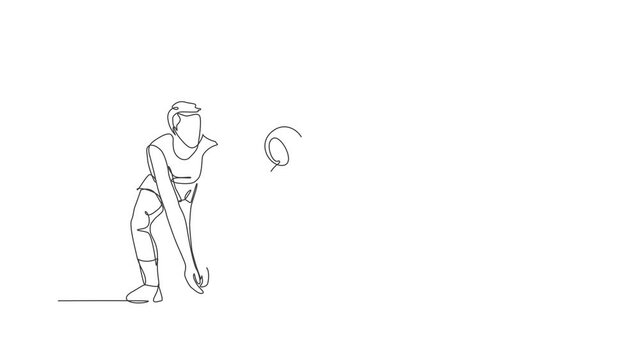 Animated self drawing of single continuous line draw male young volleyball athlete player in action block the ball from opponent. Team sport concept. Competition game. Full length one line animation.