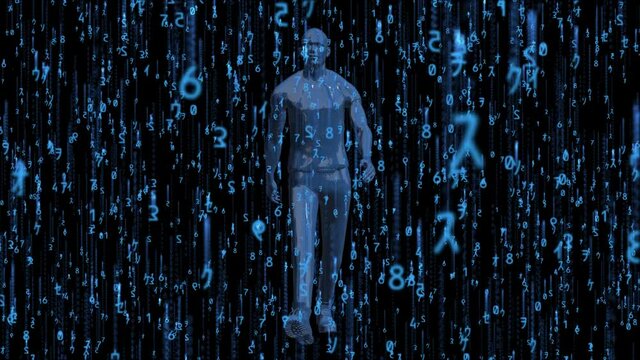 Digital binary data, streaming code background. Matrix background. Man silhouette walking in a dark