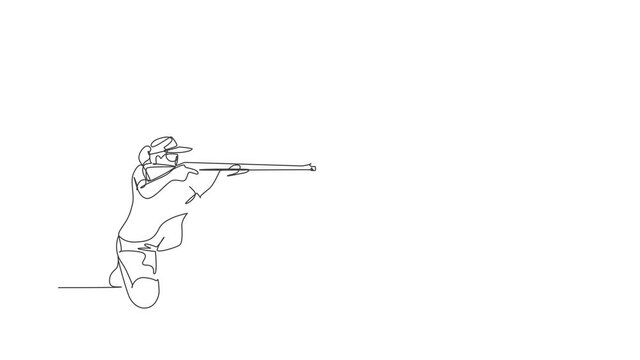 Animated self drawing of one continuous line draw young woman on shooting training ground practice for competition with rifle shotgun. Outdoor shooting sport concept. Full length single line animation