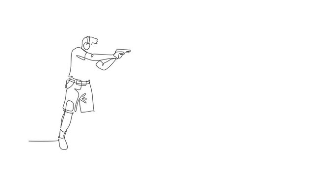 Animated self drawing of single continuous line draw young athlete man shooter holding gun and training to aim target tactical shooting. Shooting sport training concept. Full length one line animation