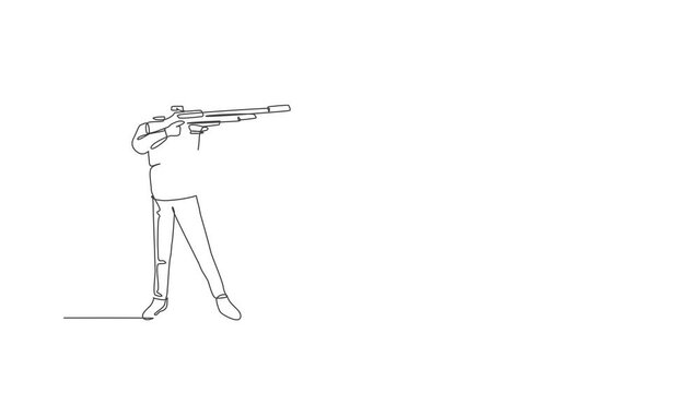 Animated self drawing of one continuous line draw young man on shooting training ground practice for competition with pistol handgun. Outdoor shooting sport concept. Full length single line animation.