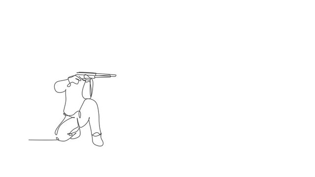 Animated self drawing of single continuous line draw young athlete man shooter holding gun and training to aim target tactical shooting. Shooting sport training concept. Full length one line animation
