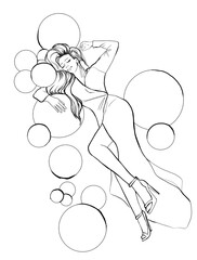 A girl in a long evening dress lies surrounded by shining disco balls. Woman with long hair. Style, elegance, glamor and retro. Illustration