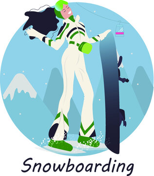 Cute fashion girl with snowboard standing on the snow hll with winter mountains on a background. Winter sport and leisure, winter activities poster, sticker