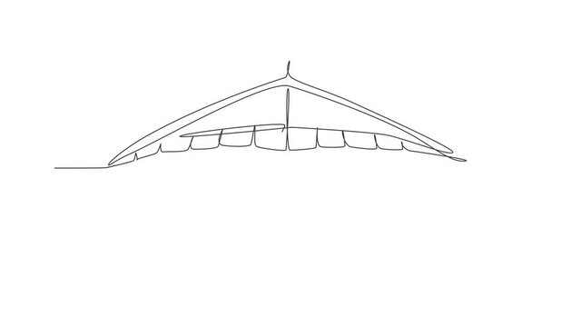 Animated self drawing of continuous line draw young tourist man flying with hang gliding parachute on the sky. Extreme vacation holiday sport concept. Full length one line animation illustration.