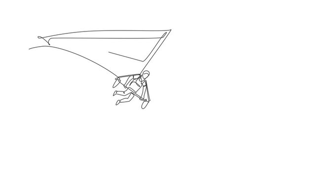 Animation of one single line drawing of young sporty man flying with hang gliding parachute on the sky illustration. Extreme sport concept. Continuous line self draw animated. Full length motion.