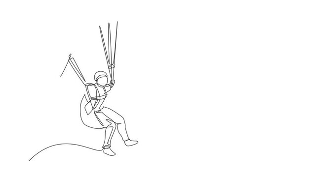 Animation of one single line drawing of young sporty man flying with paragliding parachute on the sky illustration. Extreme sport concept. Continuous line self draw animated. Full length motion.