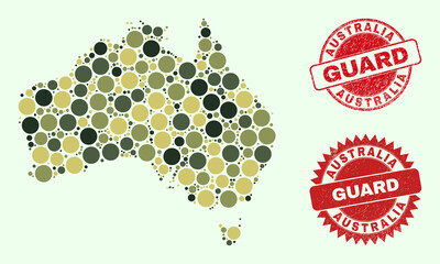 Vector spheric elements collage Australia map in khaki colors, and dirty stamp imitations for guard and military services. Round red stamp seals have phrase GUARD inside.