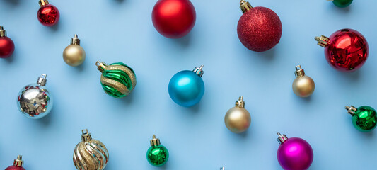Fototapeta na wymiar Christmas ball bauble pattern minimal flatlay on blue pastel background top view