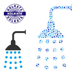 Circle combination shower icon and KOLKATA round rubber stamp seal. Blue seal includes KOLKATA title inside circle and guilloche technique. Vector collage is based on shower icon,