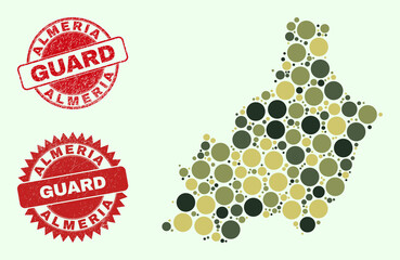 Vector circle items collage Almeria Province map in camo hues, and corroded stamp seals for guard and military services. Round red stamp seals include word GUARD inside.