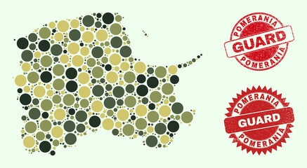 Vector circle parts collage Pomeranian Voivodeship map in khaki colors, and dirty watermarks for guard and military services. Round red watermarks have word GUARD inside.