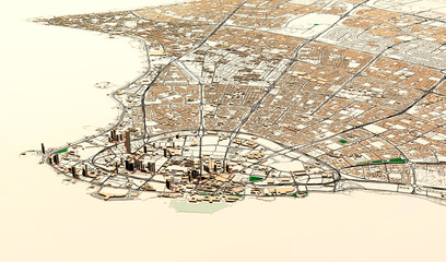 Satellite view of Kuwait city, Kuwait. Streets and buildings, map, city on the south shore of Kuwait Bay on the Persian Gulf. 3d rendering