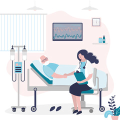 Nurse came to visit elderly patient. Hospital room interior design. Sick grandfather connected to heart rate monitor